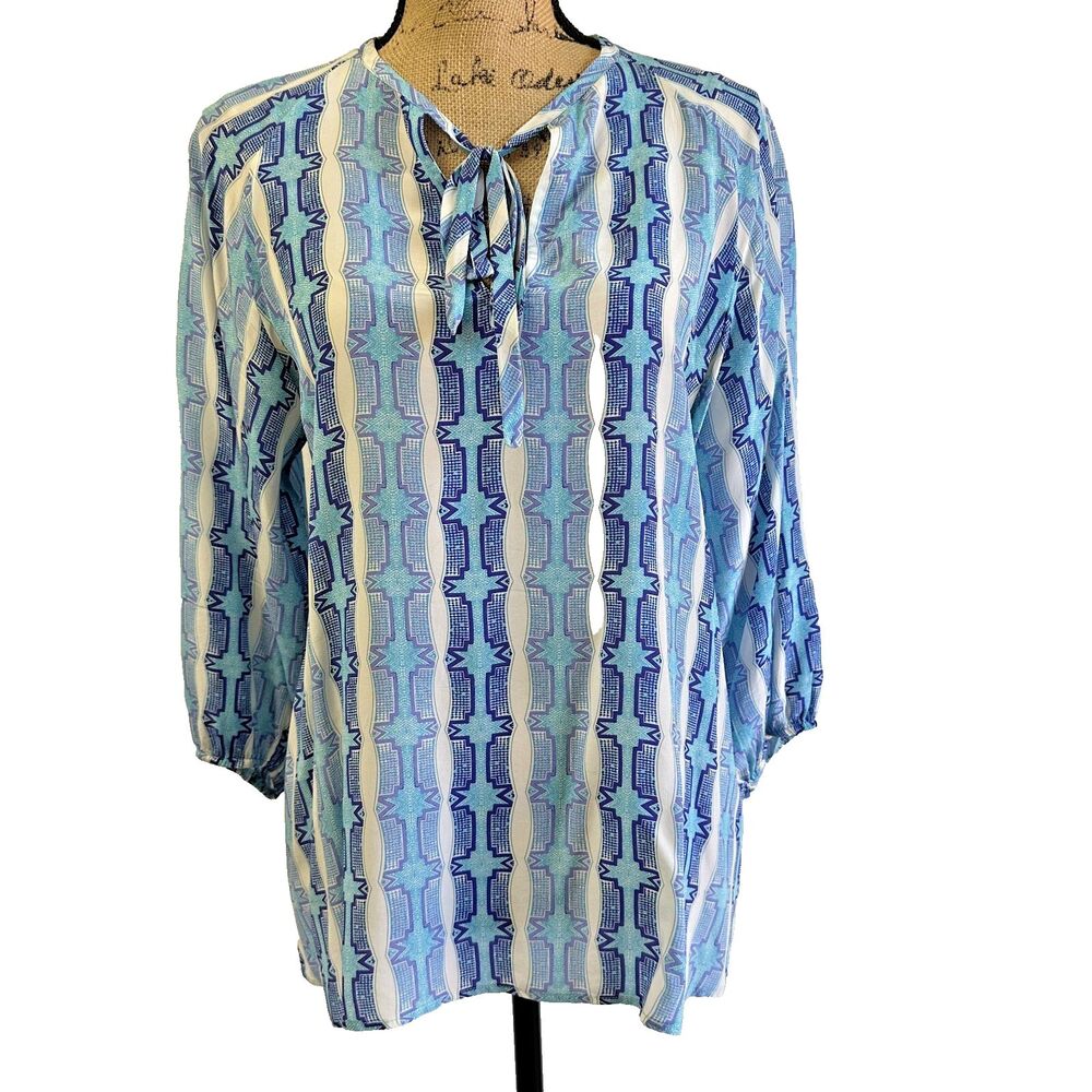 TUCKER Women Blue White 3/4 Sleeve 100% Silk Relaxed Blouse Shirt  SZ M